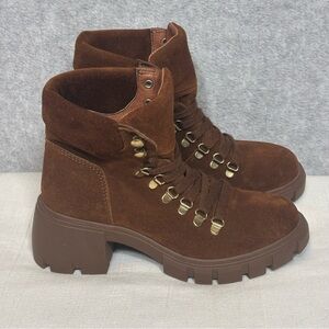 Steve Madden Hint Suede Chunky Hiking Combat Boots-Chestnut Brown-Women Size 6